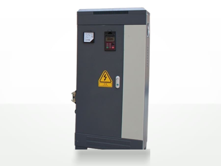 Free-standing inverter and control cabinet with ammeter, digital drive face and a high-voltage warning plate
