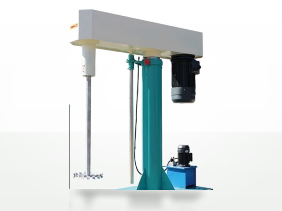 GFJ high-speed up-and-down disperser: teal column, counterweighted head rail and a variable-speed drive on top