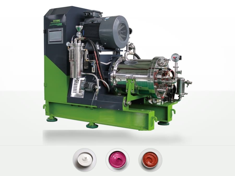 RWM-B rod-pin bead mill: vertical motor, touch-panel controller and stainless grinding chamber on a green base frame