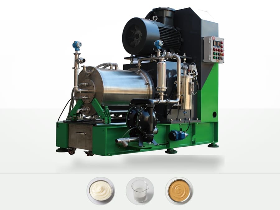 RWM-C ultra-fine bead mill: horizontal stainless chamber, black motor, green base and an Ex-rated control box