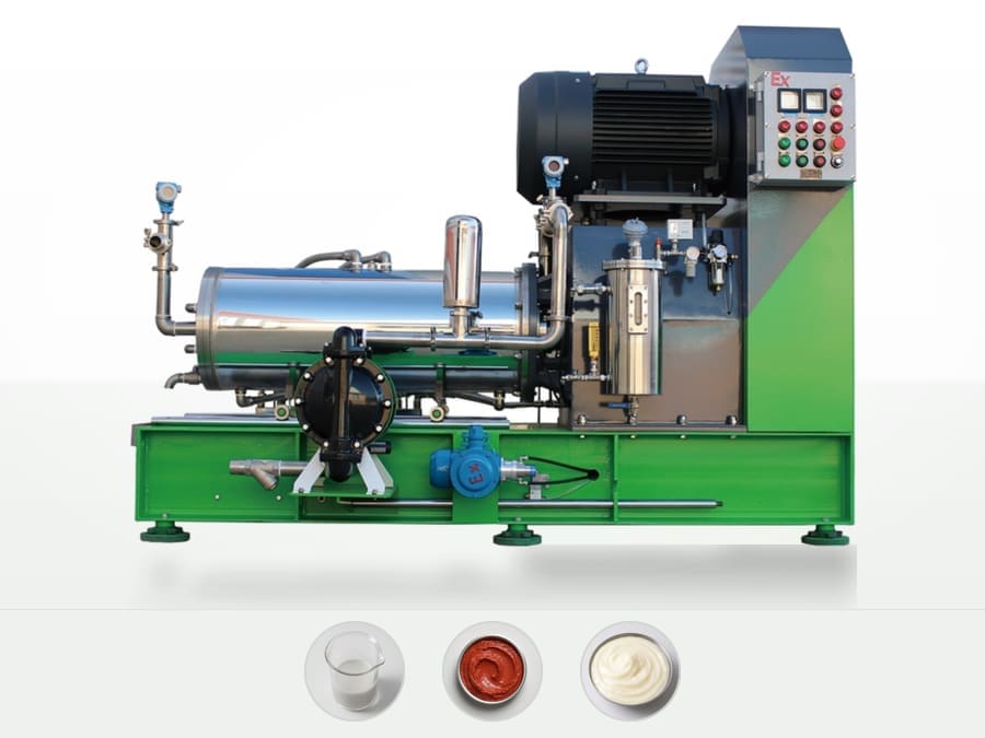 RWM-200 large-flow bead mill on the assembly floor: horizontal stainless chamber, diaphragm pump, green base frame and Ex-rated control cabinet
