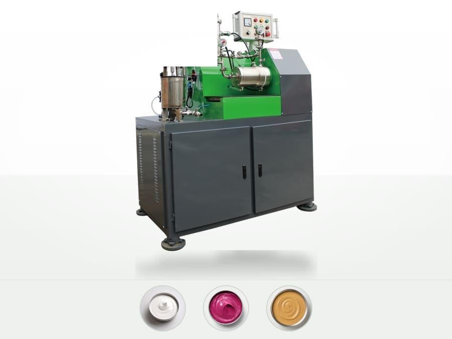 RWM-N laboratory nano bead mill: stainless chamber and feed hopper on a grey cabinet base with adjustable feet