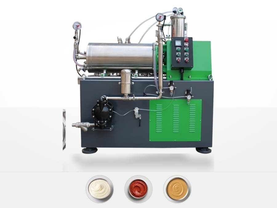 RWM-P bead mill with a horizontal stainless chamber, green guard panels, local control box and a separate inverter cabinet